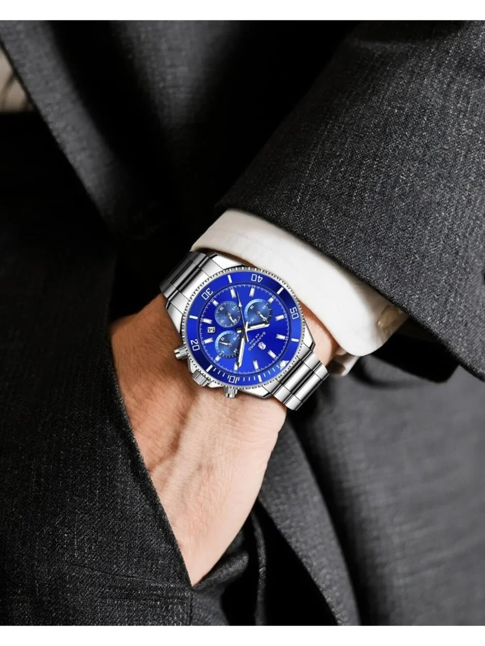 Men's Silver Strap/ Blue face Chronograph Stainless Steel Quartz Wrist Watch